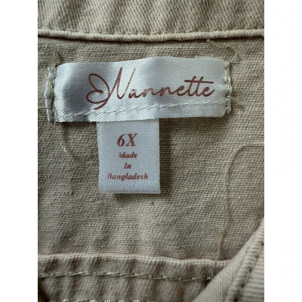 Nanette Denim Button-Front Dress Pockets floral embroidered Girls Size 6T beige